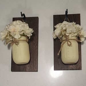 Rustic Wall Decor with Cream Mason Jars and Flowers